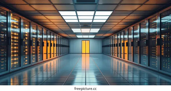 Futuristic server room with bright yellow lights illuminating the aisle between tall racks of servers.