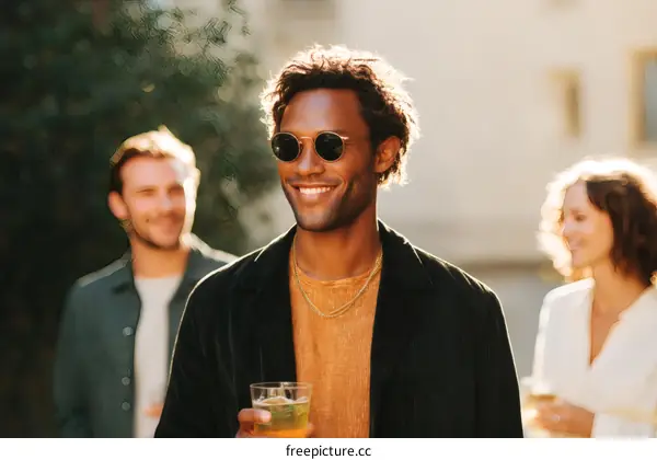 Outdoor gathering of two diverse men and one woman