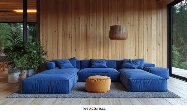 Modern Cozy Living Room with Blue Sectional Sofa