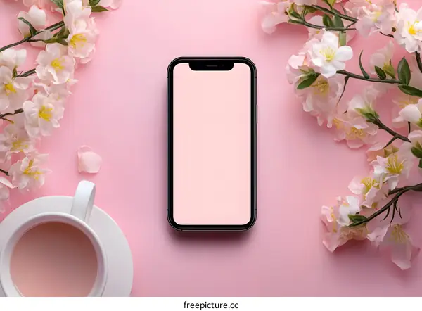 Flat Lay Smartphone with Flowers on Pink Background
