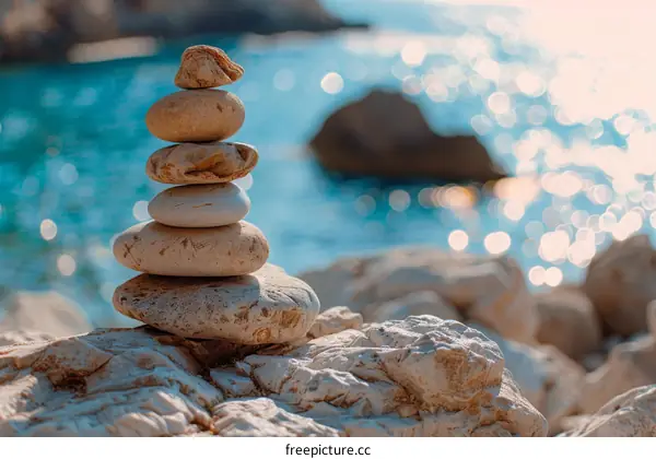 Pebbles stacked on a rock with the sea in the background