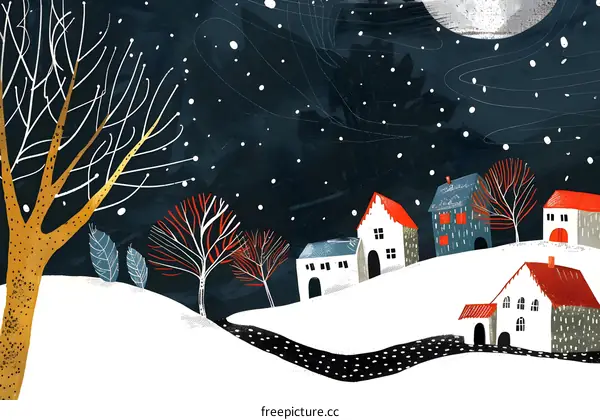 Winter Night Landscape Illustration with Houses and Snow