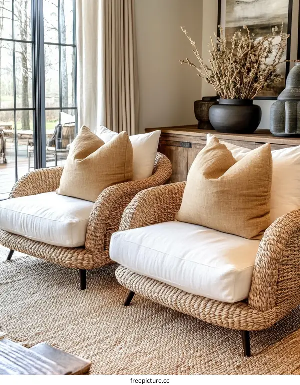 Modern Boho Living Room with Woven Chairs