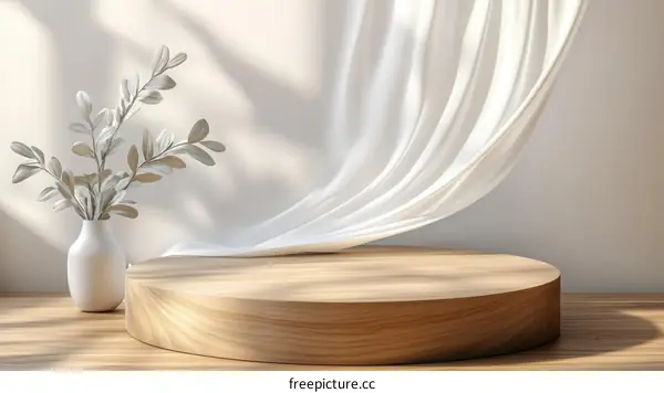 Wooden Podium Display with Flowing Fabric and Plants