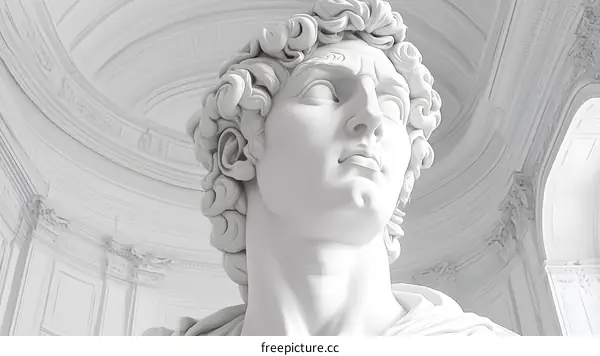 White Marble Statue Bust Closeup In White Background