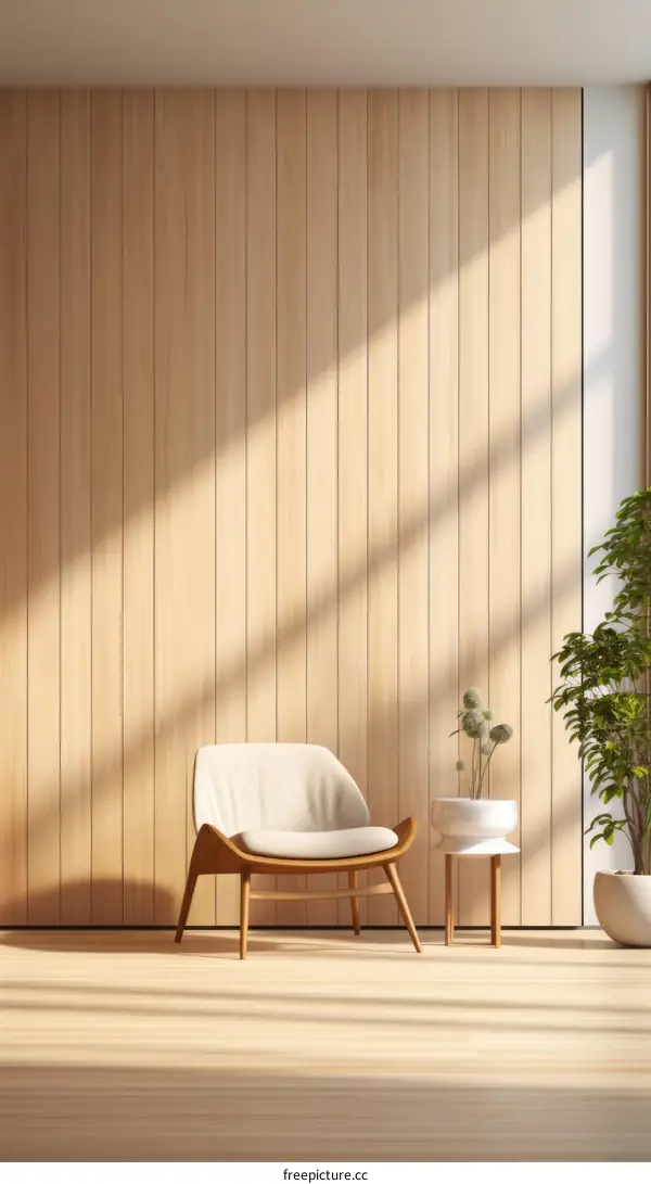 An illustration of a chair in a room with a plant and a side table