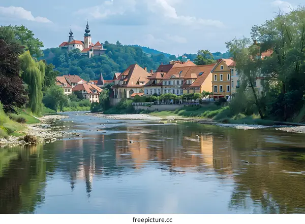 River flowing through a picturesque European town with church in the background