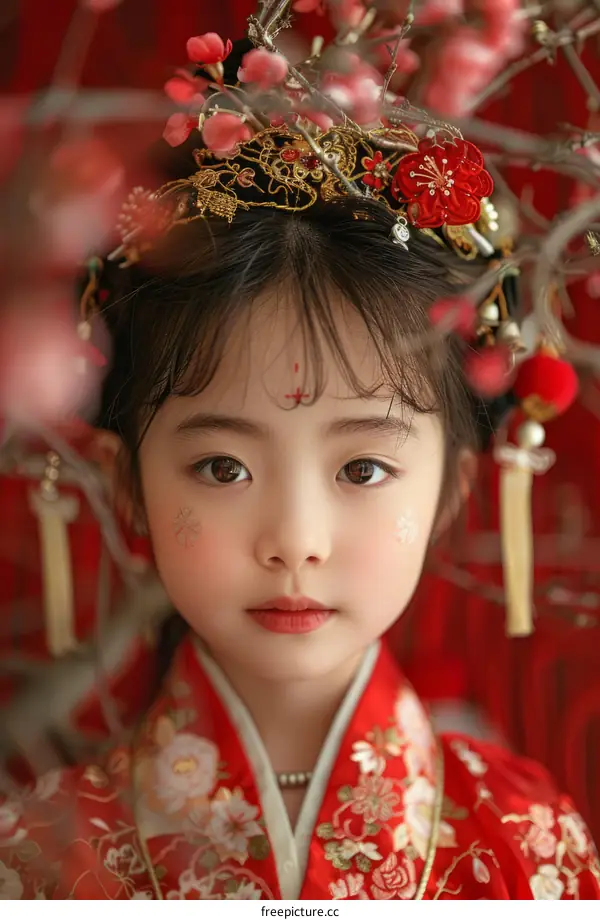 Portrait of a young Chinese girl in traditional red dress with headpiece and hair accessories