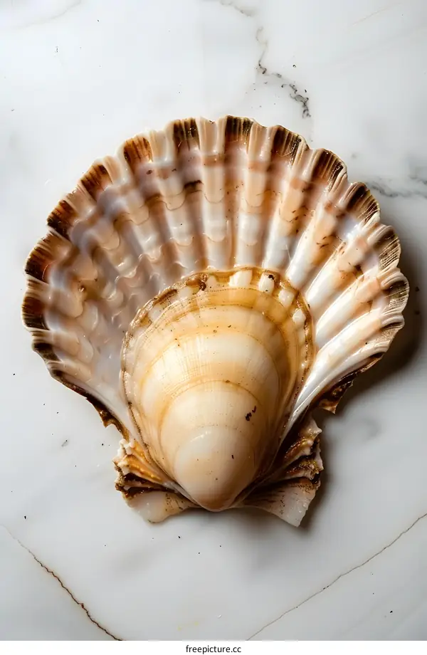 Single Scallop Shell on White Marble
