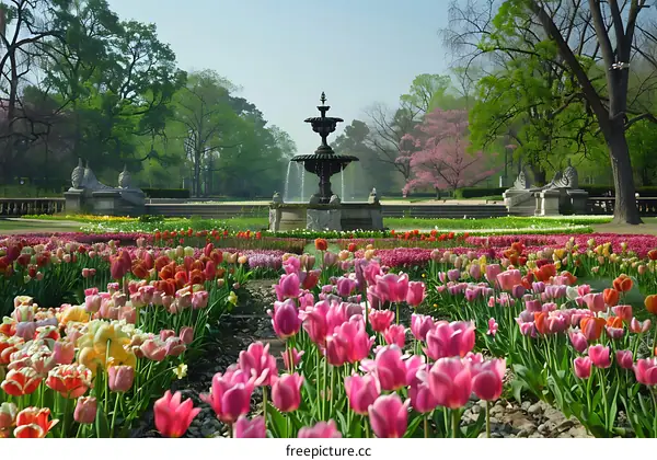 Beautiful Spring Garden with Fountain and Tulips