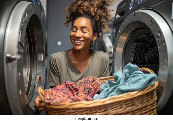 Happy Woman Doing Laundry in a Laundry Room