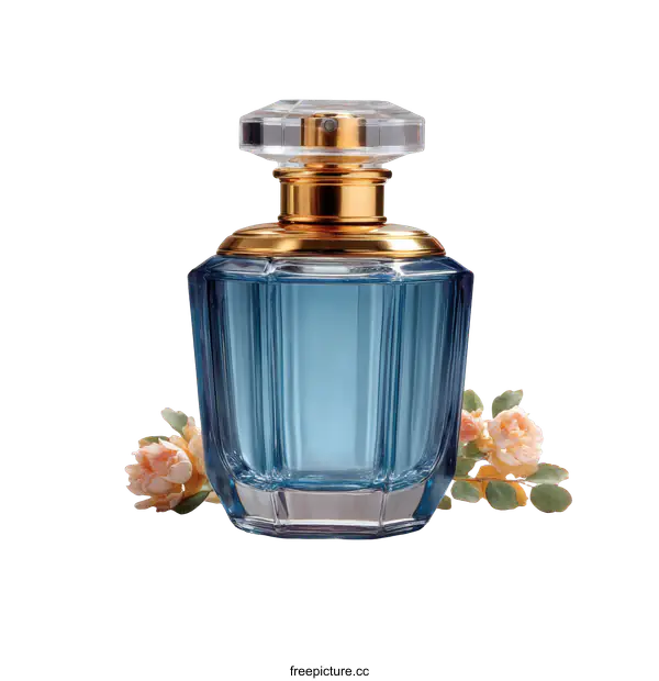 [Transparent Background PNG]Elegant Blue Perfume Bottle with Gold Accents