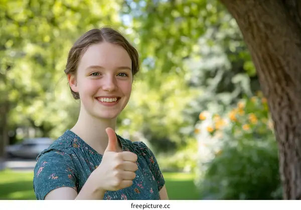 Happy Young Woman Giving Thumbs Up in a Park