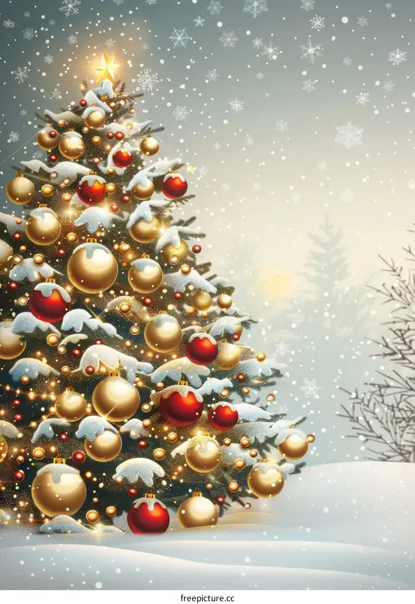 A Christmas tree decorated with lights and ornaments in a snowy forest