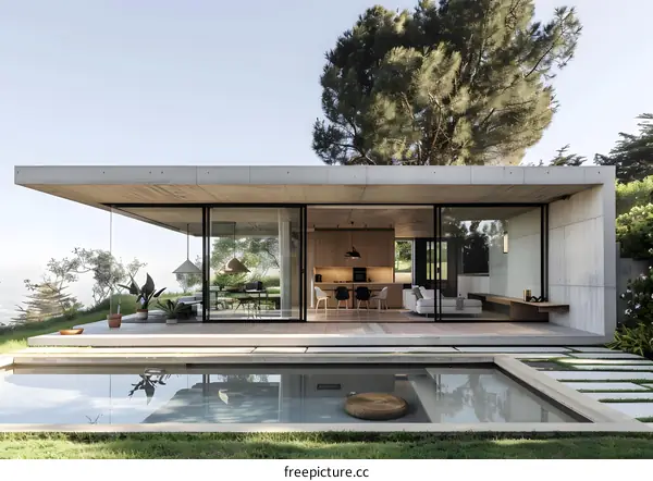 Modern Concrete House with Swimming Pool and Large Windows