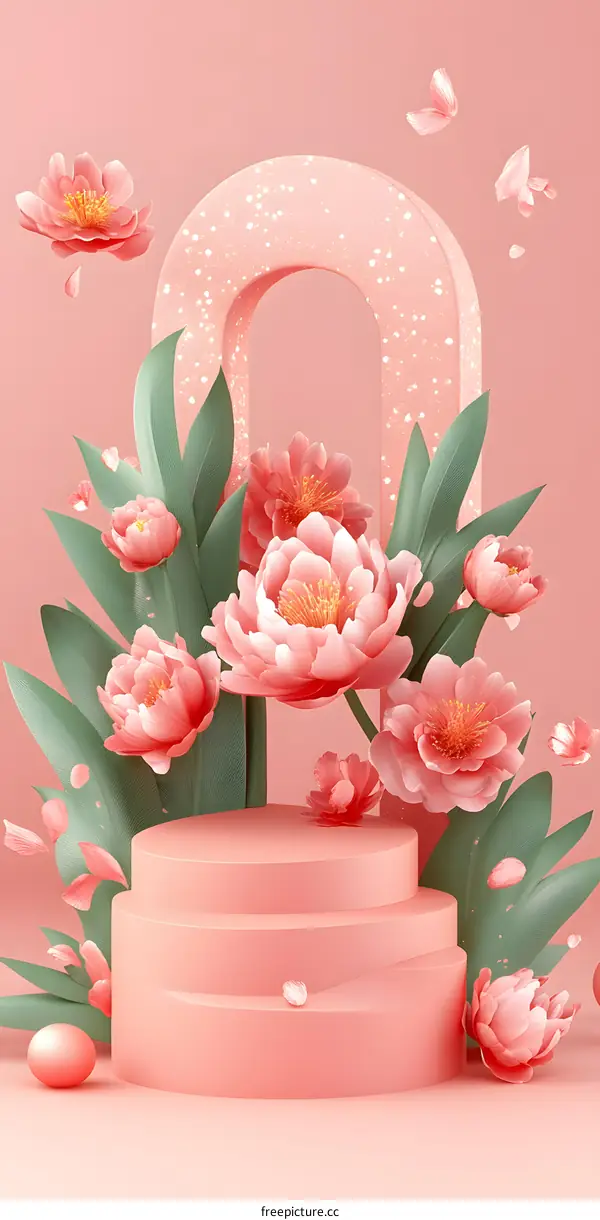 Pink Floral Archway With 3D Podium