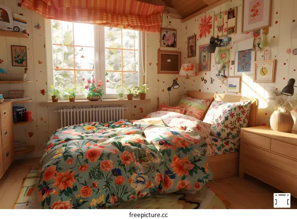 A cozy bedroom with a large bed, a window, and a dresser.