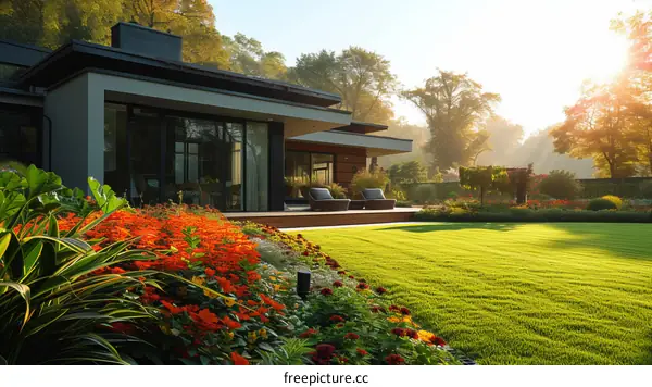 Modern house with beautiful garden and flowers