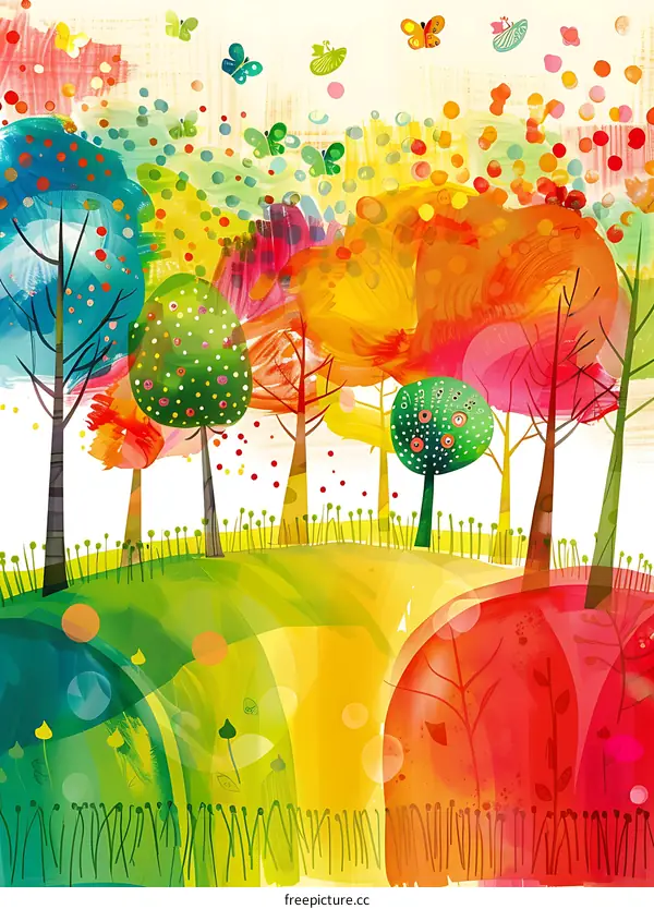 Colorful Illustration of a Forest with Trees and Butterflies