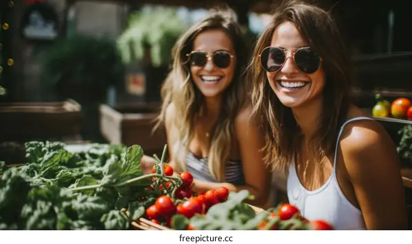 Two young women at a farmers market