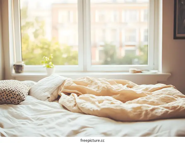 Bed with Messy Sheets Near Window