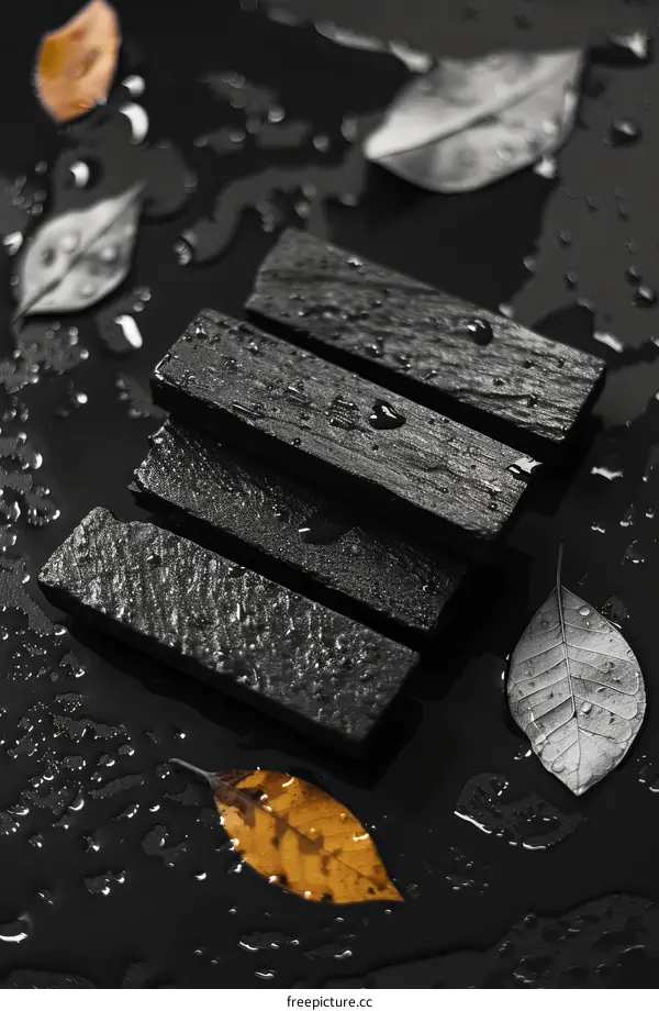 Black slate tiles on a wet surface with autumn leaves