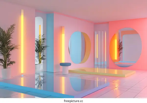 Minimalist Room With Neon Lights and Colorful Walls