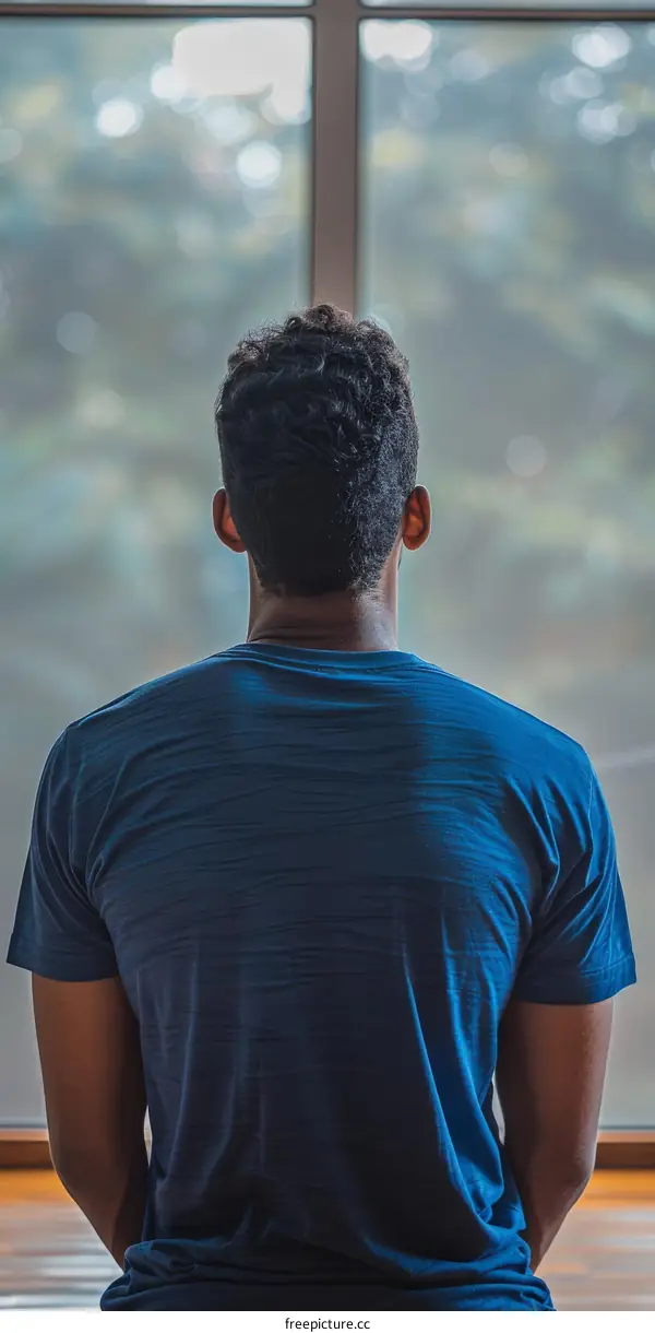 A solitarily black man sits on a bench and gazes out the window