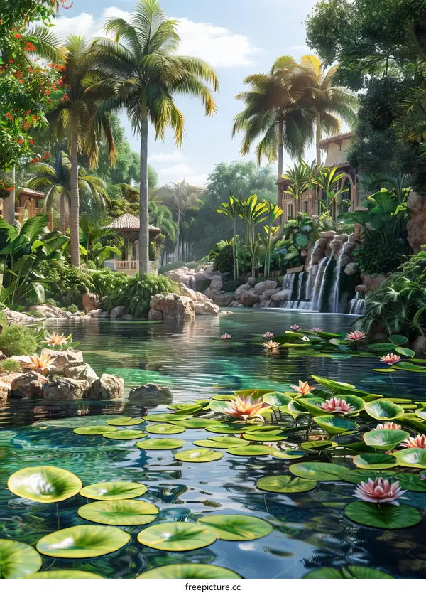 A Tranquil Tropical Oasis with a Cascading Waterfall and Lush Greenery