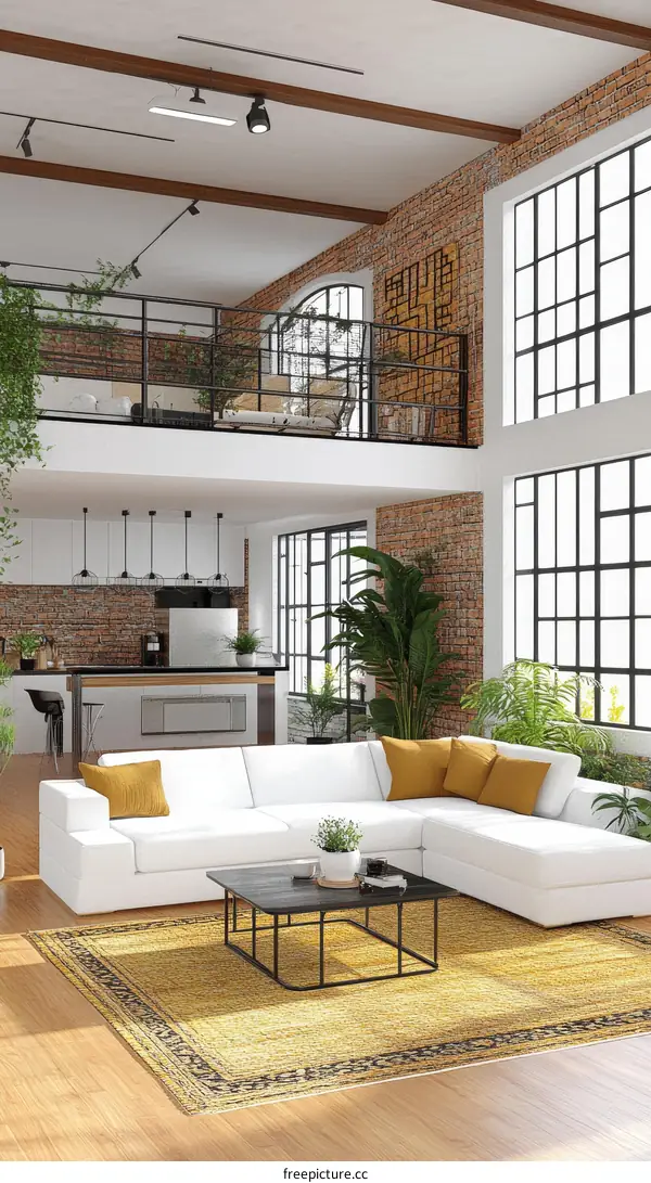 Modern Loft Apartment Interior Design with Yellow Rug