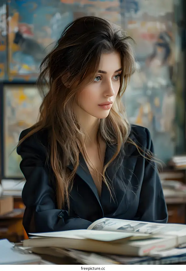 portrait of a beautiful young woman with long brown hair wearing a black jacket