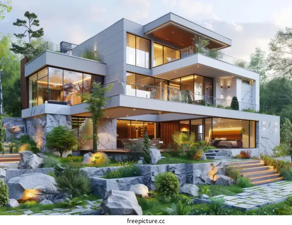 Modern luxury house with glass walls and a zen garden