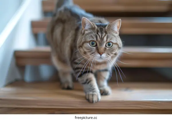 A cute tabby cat is walking down a wooden staircase