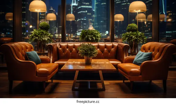 Luxurious living room with leather furniture and a view of the city