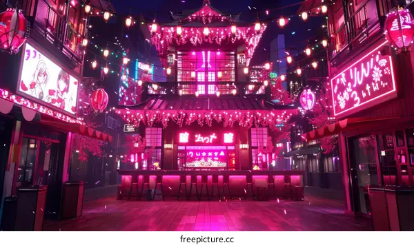 Anime-style night street with a bar in the center