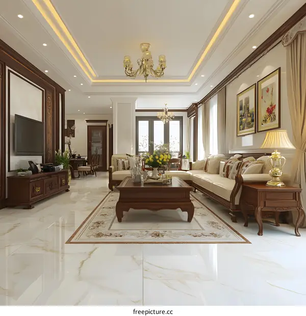 Modern Living Room Interior Design with White Marble Floor and Wooden Furniture