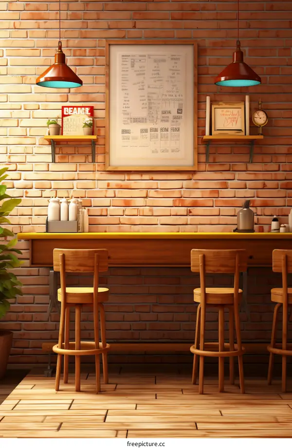 Retro brick wall cafe interior with counter and stools