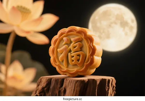Mid - Autumn Festival mooncake with 'Fu' character under full moon