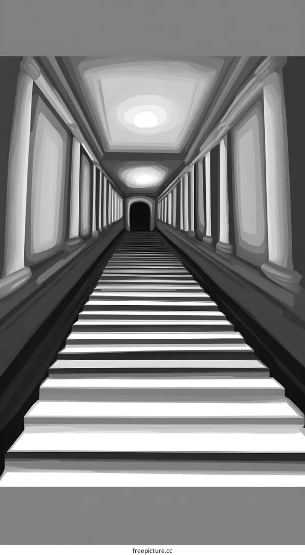 Black and White Illustration of a Staircase in a Hallway