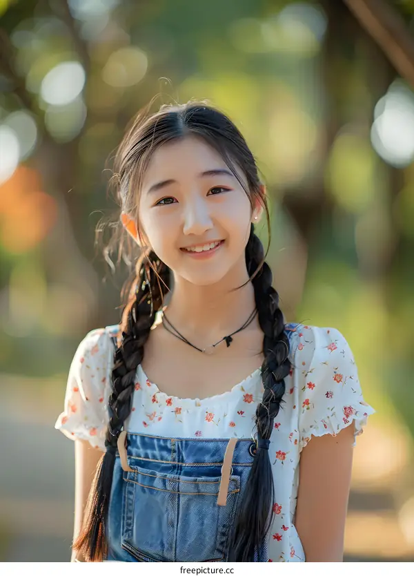 Smiling Asian Girl with Braids in a Park
