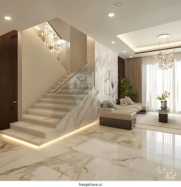 Modern Luxury Living Room With Marble Staircase and Chandelier