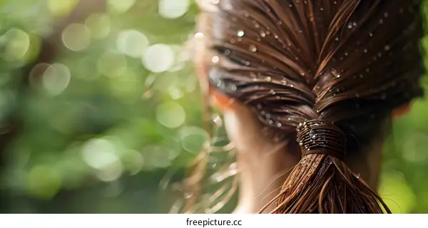 hair ponytail wet water droplets