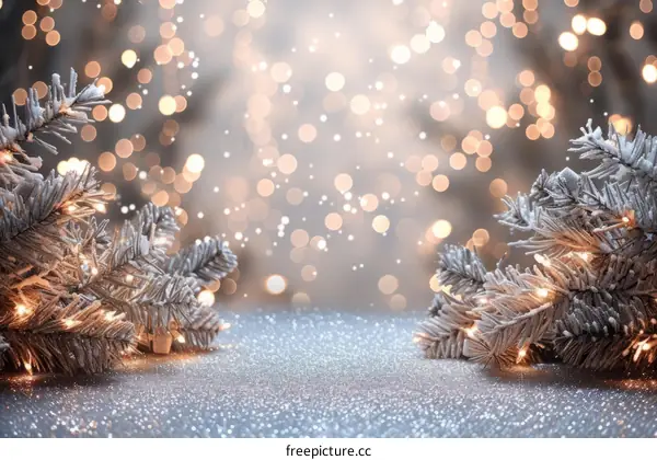 Christmas background with fir branches and glowing lights