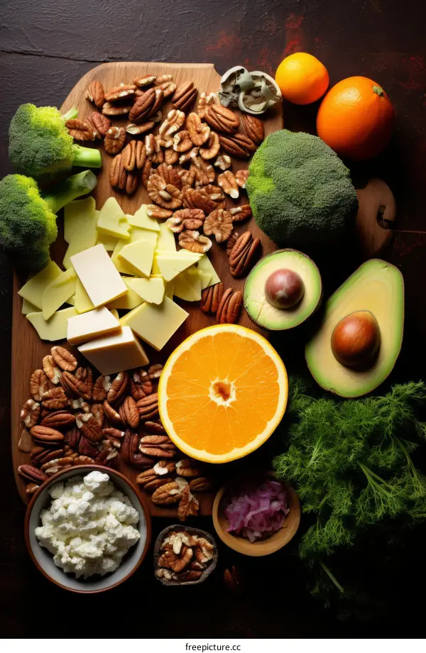 Ketogenic diet food ingredients cheese avocado orange nuts seeds broccoli