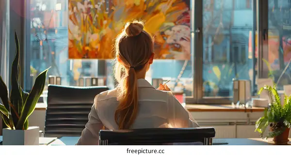 businesswoman looking out the office window