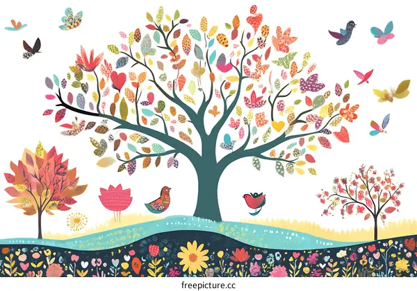 Colorful Tree with Birds and Flowers Illustration