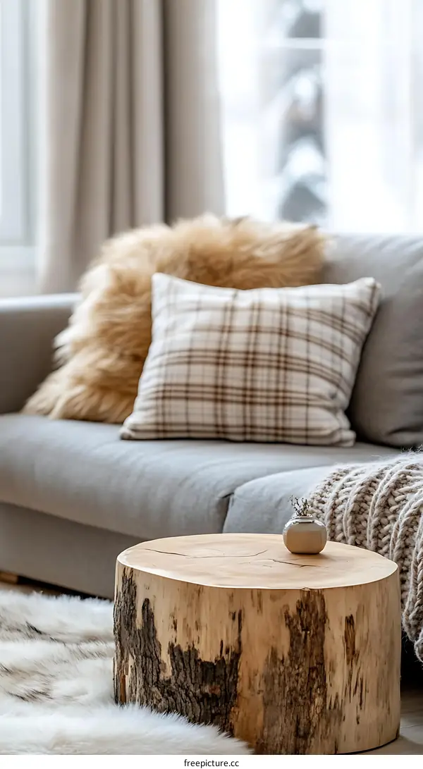 Cozy Living Room with Wooden Coffee Table and Pillows