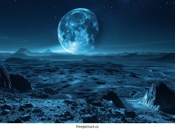 Blue moon rising over a rocky landscape