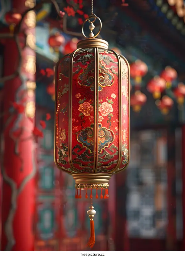 A red lantern hanging in a Chinese courtyard