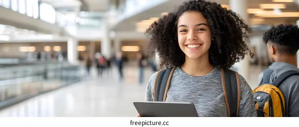 Smiling Young African American Woman with Backpack Holding Tablet in College Hallway